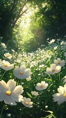 Poster - Sunlight filters through trees illuminating a meadow of daisies in a serene forest setting