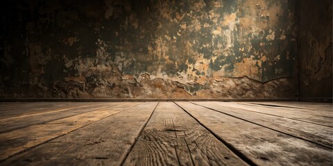 A rustic interior scene featuring aged wooden floorboards and a decaying plaster wall