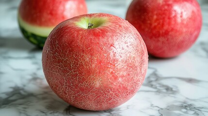 Wall Mural - Fresh red apple resting on a marble countertop with two more apples in the background