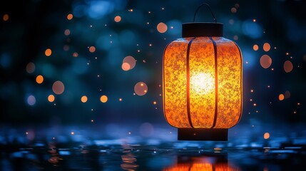 Poster - Glowing lantern illuminates serene evening with sparkling light effects outdoors in nature