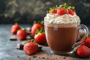 Sticker - Delicious hot chocolate with whipped cream and strawberries served in a cozy setting