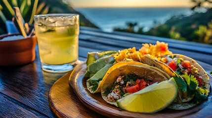 Wall Mural - A spicy taco platter paired with a zesty margarita on a coastal hill