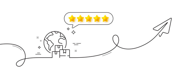 Poster - International delivery line icon. Continuous line with share plane. Logistic service sign. Export freight boxes symbol. Five star rate review in speech bubble. Vector