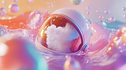 Wall Mural -  3D of a colorful space with swirling colors and bubbles, an astronaut floating in the center wearing a helmet, white smoke coming from his head covering his face