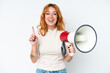 © luismolinero - Young caucasian woman isolated on white background holding a megaphone and pointing up a great idea