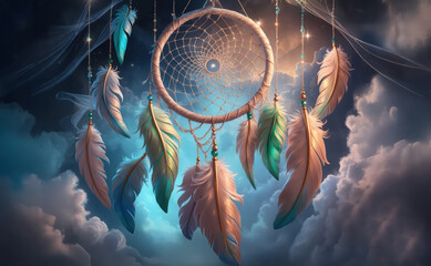 Wall Mural - illustration of mystical native american dreamcatcher with colorful feathers over sky with clouds