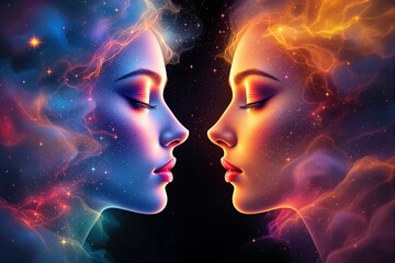 Wall Mural - Two female profiles glowing in cosmic blue and orange hues, surrounded by a starry nebula-like background, symbolizing duality and harmony. Ai generative