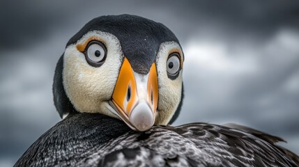 Wall Mural - Close-up of a curious, expressive eider duck head, with large eyes and an open beak, against a dramatic cloudy sky background.