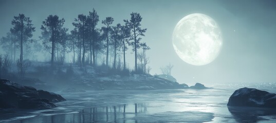 Wall Mural - Winter Wonderland, Full Moon Over Tranquil Froze Lake, Snowy Pine Forest Under Twilight Blue Sky