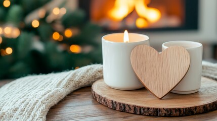 Wall Mural - A cozy scene featuring candles, a heart-shaped decoration, and a warm fireplace, perfect for a relaxing atmosphere.