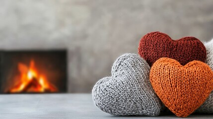 Wall Mural - Cozy knitted hearts in warm colors sit in front of a glowing fireplace, creating a charming atmosphere of love and comfort.