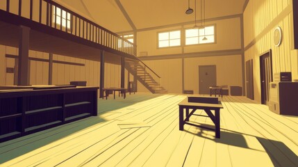 Sticker - Sunlit, spacious interior of a rustic wooden building with a loft, stairs, and simple furniture.