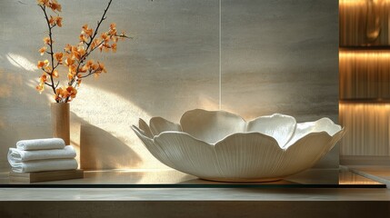 Wall Mural - Wooden bowl and minimalist decor in modern interior with natural light