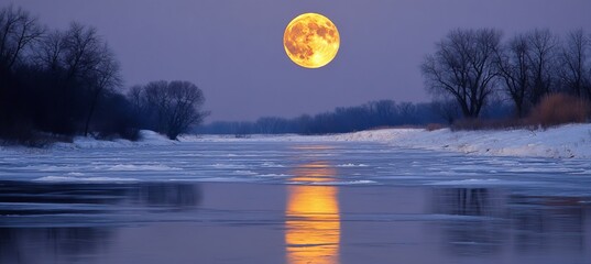 Wall Mural - Winter Wonderland Full Moon Rising Over a Frozen River in Blue Hour, Magical Landscape Scene