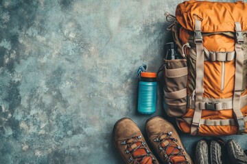 Aufkleber - Backpacking gear arranged to prepare for a wilderness adventure with space for your plans. Generative AI
