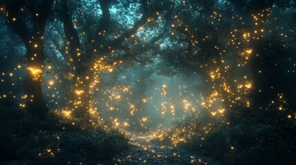 Poster - Magical forest glowing with fireflies at sunset surrounded by lush greenery