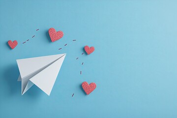 two paper planes flying together with dotted heart trails, ample space for text valentine’s day card