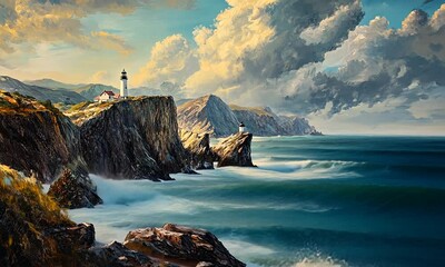 Wall Mural - A coastal landscape featuring a lighthouse on a rocky cliff with turbulent ocean waves.