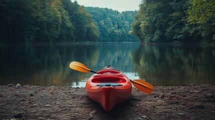 Wall Mural - Kayak resting on the shore of a tranquil lake surrounded by lush trees during early morning hours