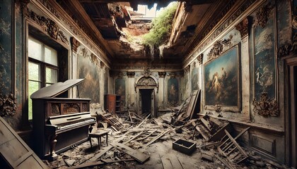 Old piano inside an abandoned mansion
