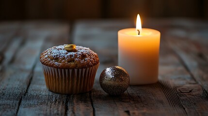 Wall Mural - On a wooden table is a solitary muffin with a shinny ball and a lit candle