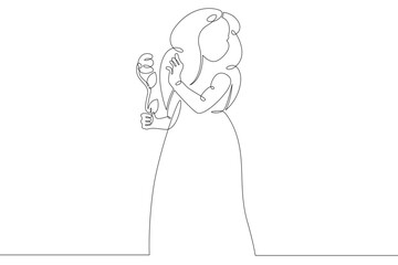 Wall Mural - A child with a large mug with a glass in his hands. Little girl in a dress.One continuous drawing line  logo single hand drawn art doodle isolated minimal illustration.