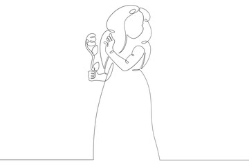 Wall Mural - A child with a large mug with a glass in his hands. Little girl in a dress.One continuous drawing line  logo single hand drawn art doodle isolated minimal illustration.