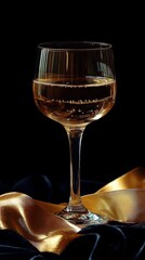 Poster - Elegant champagne glass with bubbles and golden ribbon on dark background