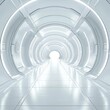 © BG_Illustrations - A futuristic white corridor with glowing accents, evoking advanced technology and a showroom atmosphere.