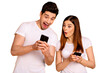 © deagreez - Portrait of his he her she two nice attractive charming cute lovely stylish cheerful positive people showing notification new gadget device isolated over vivid shine bright yellow background