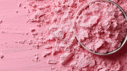 Pink powder in a bowl on pink background.