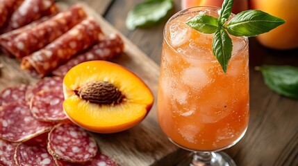 Wall Mural - Sparkling peach cocktail with a slice of peach and a charcuterie board with meats and cheeses