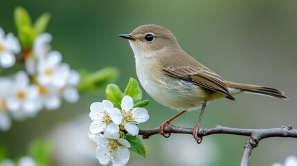 A warbler surrounded by blossoms on a flowering branch in a spring garden. Vivid colors and delicate greenery.