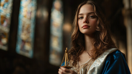 Libra woman, dressed in a luxurious medieval gown of blue and white silk, holding a golden scale. She stands in a grand hall with stained-glass windows, where soft sunlight filters