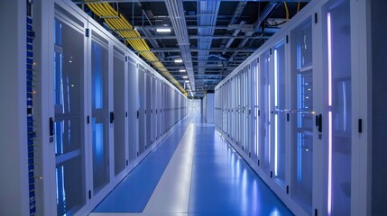 High tech Data Center with Rows of Server Racks and Cables in Modern IT Facility  Concept of digital infrastructure data processing and cloud computing technology