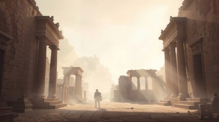 A lone figure stands in an ancient, sunlit ruin with towering columns and crumbling walls, casting long shadows on the stone floor.