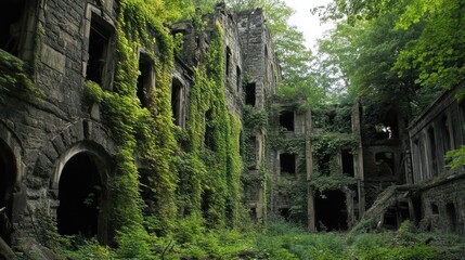 Wall Mural - Decaying stone building overgrown with lush green foliage.