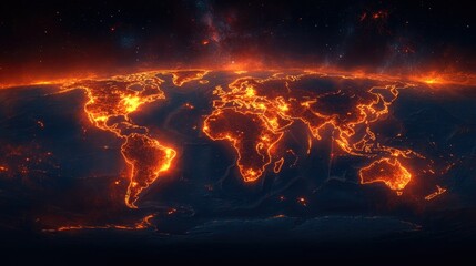 Wall Mural - abstract mash line and point earth in flames style on dark background with an inscription. world map
