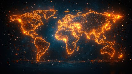 Wall Mural - abstract mash line and point earth in flames style on dark background with an inscription. world map