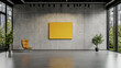 © Atlantist studio - modern gallery space featuring yellow canvas, concrete walls, and greenery. stylish chair adds touch of comfort