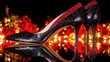 © anonymous - Elegant black high heels with red accents, reflected on a dark surface, festive background.