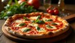 © abu - Freshly baked Margherita pizza on a wooden board with golden hour lighting and trattoria vibes.