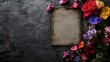 © Pannin - Brown, olive green, and grey tones with vibrant floral frames create a striking card composition. Flat lay.