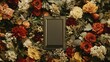 © Pannin - Brown, olive green, and grey tones with vibrant floral frames create a striking card composition. Flat lay.
