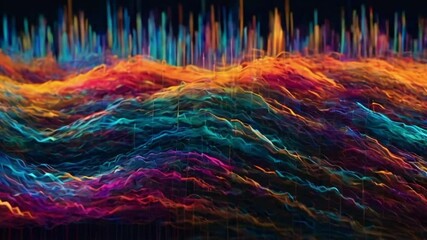 Colorful code streams flow horizontally across the screen, fading in and out like waves, creating a sense of continuous data flow, 4k High-Quality Technology background animation video