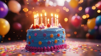 Sticker - Birthday cake with candles, colorful dots, festive bokeh background