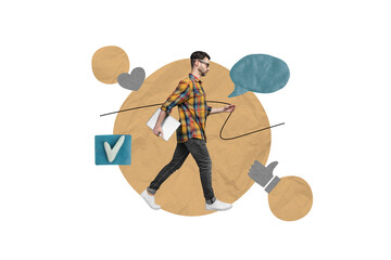 Creative collage portrait of successful guy hold netbook walk check mark icon dialogue bubble like notification isolated on beige background
