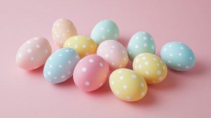 Wall Mural - Various colorful Easter eggs with polka dots rest on a pastel pink background, representing the joy and tradition of Easter celebrations.