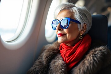 elegant elderly woman with short white hair, wearing fur coat, red scarf, and blue sunglasses, sitti