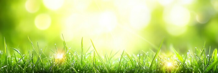Wall Mural - Fresh Green Grass with Sparkling Dewdrops in Golden Morning Sunlight, Spring Background
